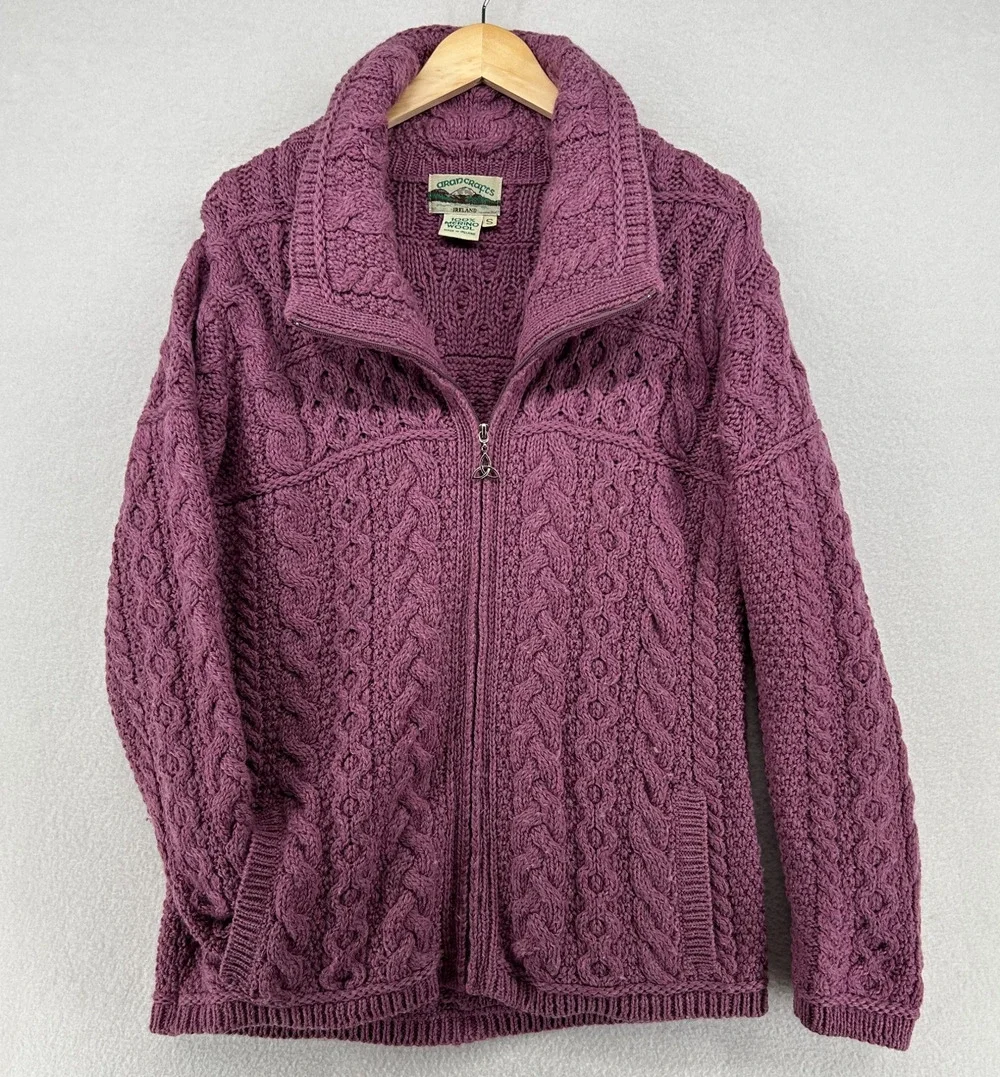 ARAN CRAFTS Sweater Womens S Merino Wool Fisherman Cardigan Zip Up Purple